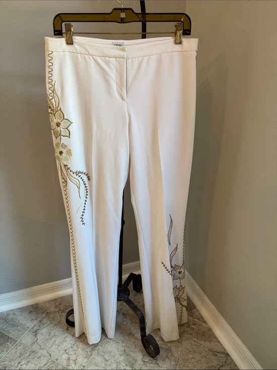Cache Pants - Cache White Wide Leg Pants with Gold Floral Embroidery